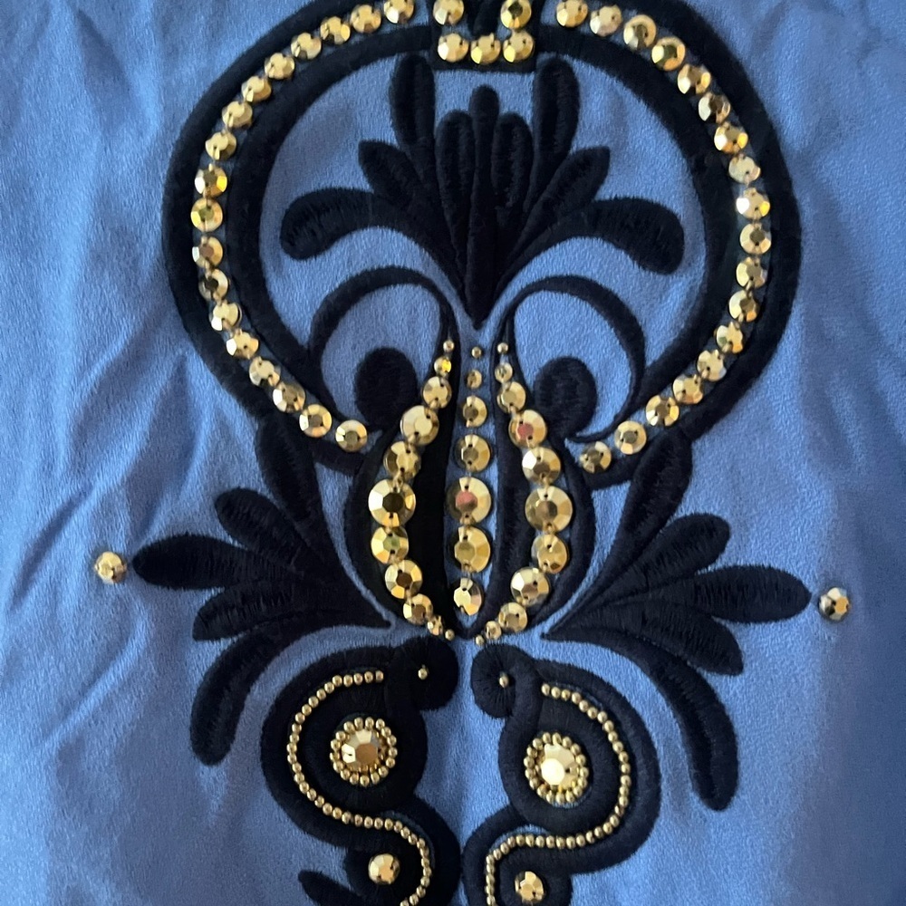 Lilly Pulitzer Owen Blue Embelished Swing Dress Gold Jewel Navy Embroidery Trim - Picture 6 of 10